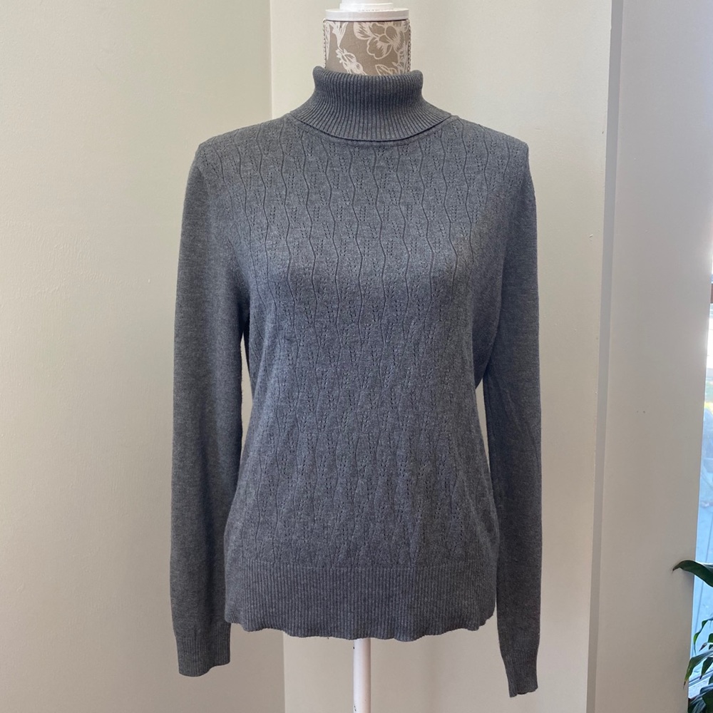 ESTRNA JANE Grey Pointelle Knit Turtleneck Sweater